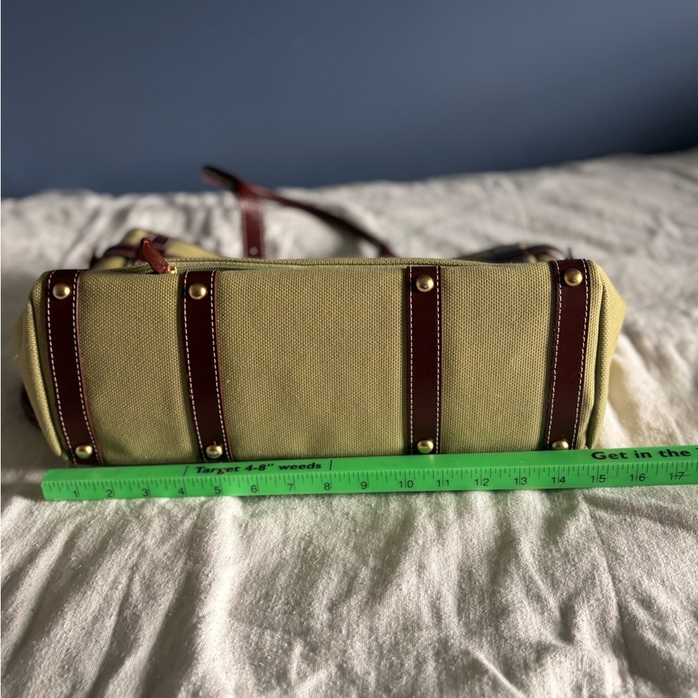 Coakley Tote Bag Green Laptop Bag. Green trimmed in brown faux leather. - Picture 6 of 7